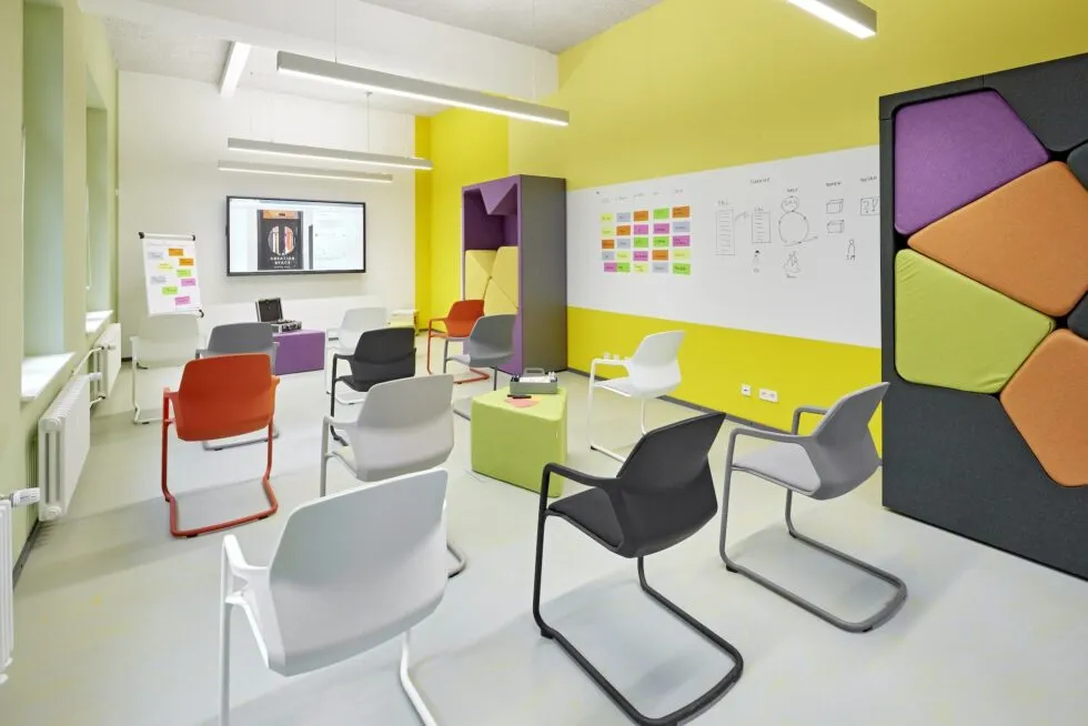 Heller Workshopraum mit bunten Stühlen in lockeren Reihen, einer beschriebenen Whiteboard-Wand mit Haftnotizen, einem Flipchart und einem Bildschirm